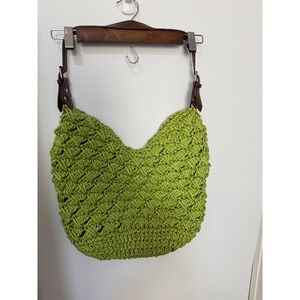 Straw Studios Lime Green Woven Hobo Shoulder Bag Brown Adjustable Strap Boho